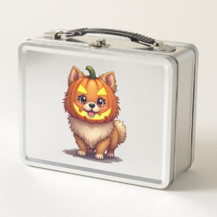 Pomeranian hond met pompoenmasker