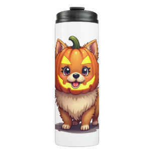 Pomeranian hond met pompoenmasker thermosbeker