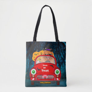 Pomeranian hond rijdt auto griezelige Halloween Tote Bag