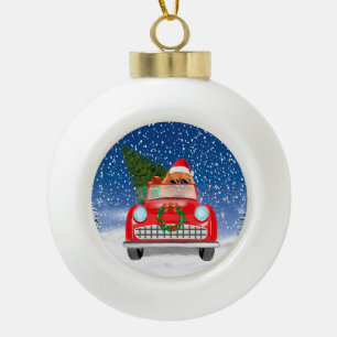Pomeranian hond rijdt auto in sneeuw Kerstmis Keramische Bal Ornament