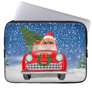 Pomeranian hond rijdt auto in sneeuw Kerstmis Laptop Sleeve