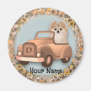 Pomeranian hond rijdt auto magneet