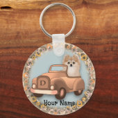 Pomeranian hond rijdt auto sleutelhanger (Voorkant)