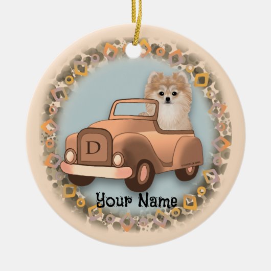Pomeranian hond rijdt in auto keramisch ornament (Voorkant)