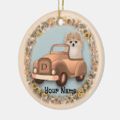 Pomeranian hond rijdt in auto keramisch ornament (Links)
