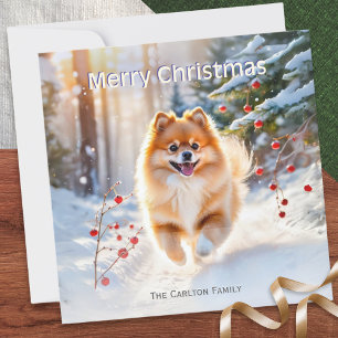 Pomeranian Hond Sneeuw Afbeelding Prettig Kerstfee Feestdagenkaart