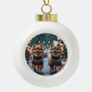 Pomeranian Honden Kerst Sneeuw Vakantie  Keramische Bal Ornament