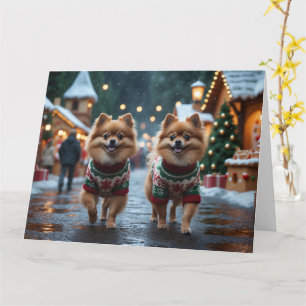 Pomeranian Honden Kerstmis Sneeuw Vakantie  Kaart