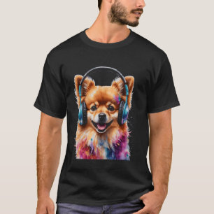 Pomeranian Hoofdtelefoon Hond Grappig Animal Art P T-shirt