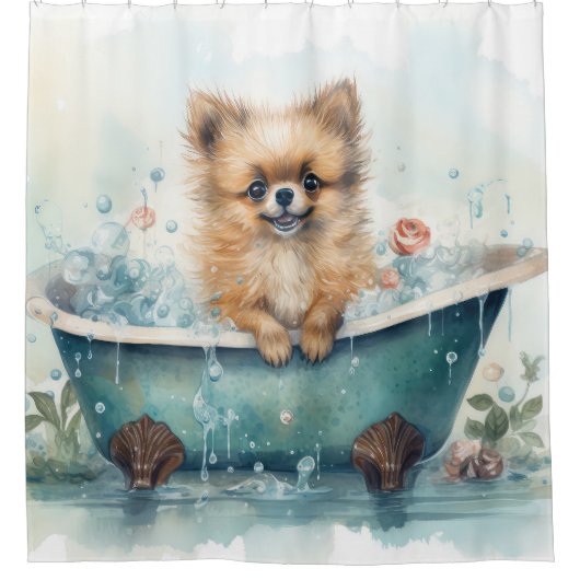 Pomeranian in badkuip Waterverf hondenkunst Douchegordijn (Voorkant)