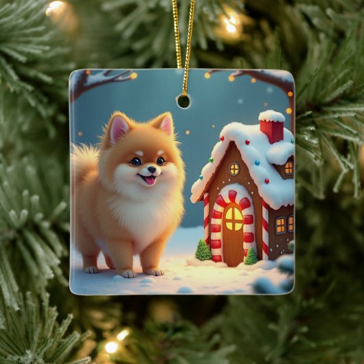 Pomeranian in Gingerbread Village Christmas Keramisch Ornament (Boom)