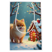 Pomeranian in Gingerbread Village Christmas Medium Cadeauzakje (Voorkant)