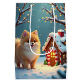 Pomeranian in Gingerbread Village Christmas Medium Cadeauzakje (Achterkant)