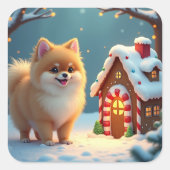 Pomeranian in Gingerbread Village Christmas Vierkante Sticker (Voorkant)