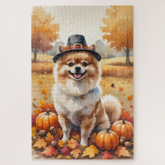 Pomeranian in herfstbladeren Thanksgiving kunst Legpuzzel (Verticaal)
