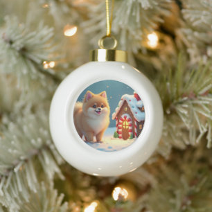 Pomeranian in Kerstedorp Gemberkoek Keramische Bal Ornament