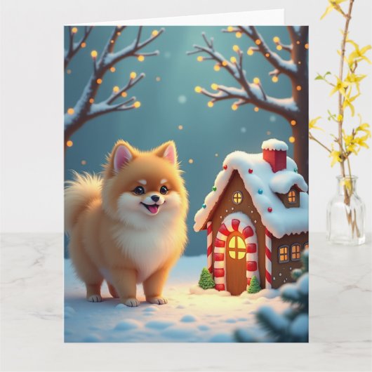 Pomeranian in Kerstedorp Kerstmis Kaart (Gele Bloem)