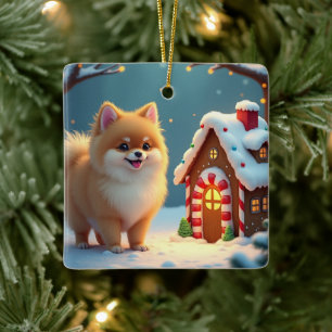 Pomeranian in Kerststad Dorp Gingerbread Keramisch Ornament
