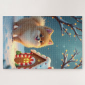 Pomeranian in Kerststad Dorp Gingerbread Legpuzzel (Horizontaal)