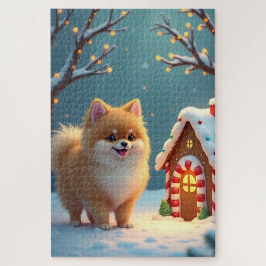 Pomeranian in Kerststad Dorp Gingerbread Legpuzzel (Verticaal)