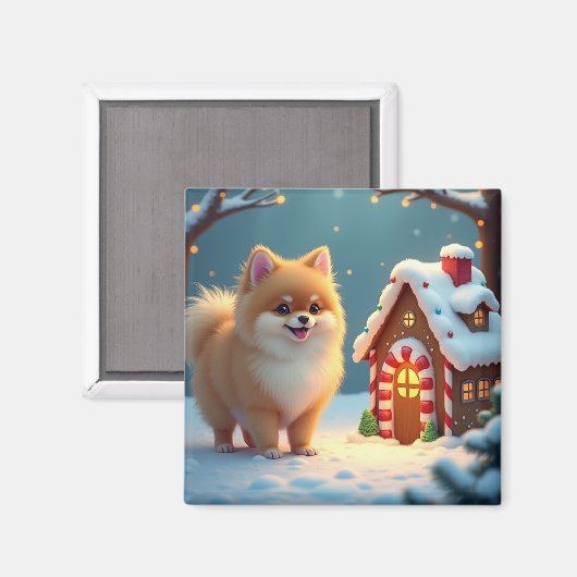 Pomeranian in Kerststad Dorp Gingerbread Magneet (Voorkant / Achterkant)