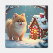 Pomeranian in Kerststad Dorp Gingerbread Magneet (Voorkant)