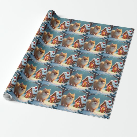 Pomeranian in Kerststad Dorp in peperkoek Cadeaupapier (Uitgerold)