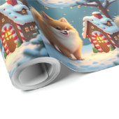 Pomeranian in Kerststad Dorp in peperkoek Cadeaupapier (Rol Hoek)