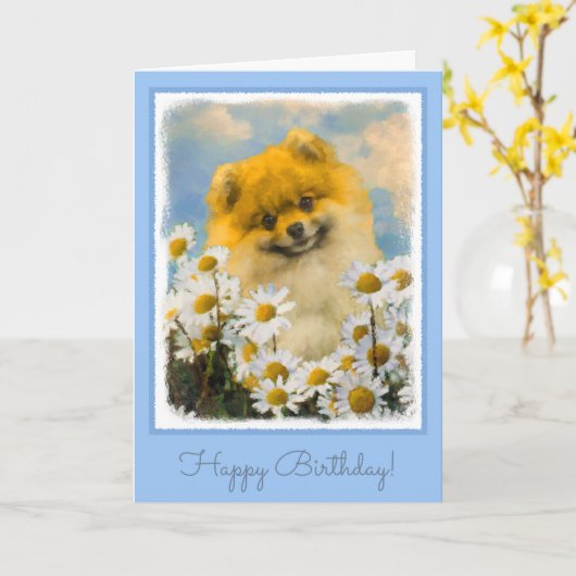 Pomeranian in Madeliefjes die - het Originele Art. Kaart (Gele Bloem)