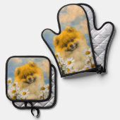 Pomeranian in madeliefjes schilderen originele hon ovenwant & pannenlap set (Voorkant / Achterkant)