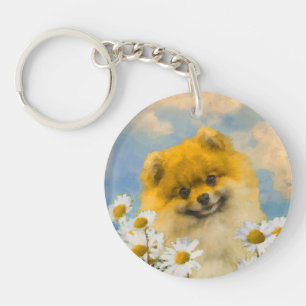 Pomeranian in Madeliefjes Schilderij - Originele H Sleutelhanger