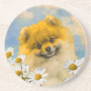 Pomeranian in Madeliefjes Schilderij - Originele H Zandsteen Onderzetter