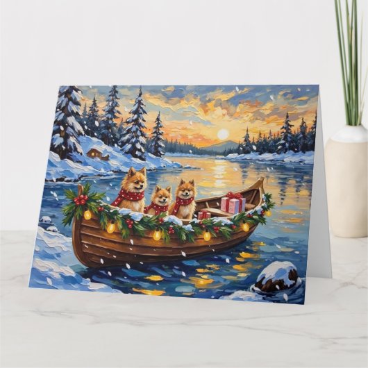 Pomeranian Kerstboot Vakantie Kaart (Voorkant)