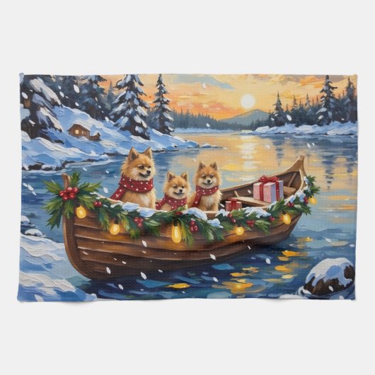 Pomeranian Kerstboot Vakantie Theedoek (Horizontaal)
