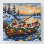 Pomeranian Kerstboot Vakantie Vierkante Klok (Voorkant)
