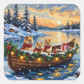 Pomeranian Kerstboot Vakantie Vierkante Sticker (Voorkant)