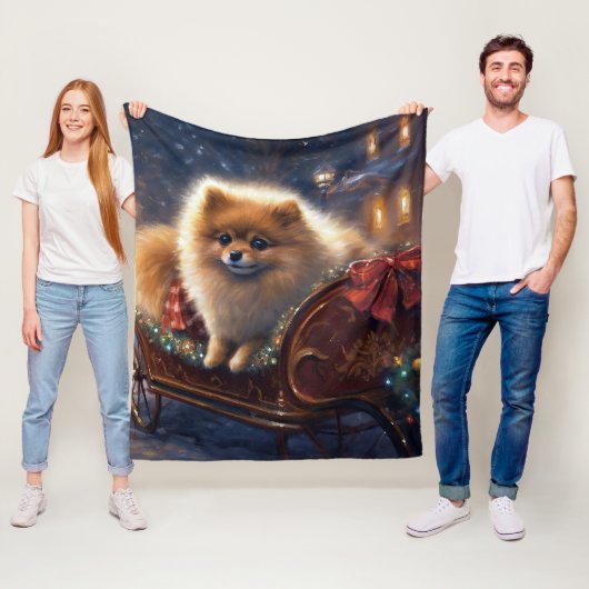 Pomeranian Kerstfeest Geborsteld Fleece Deken (In situ)