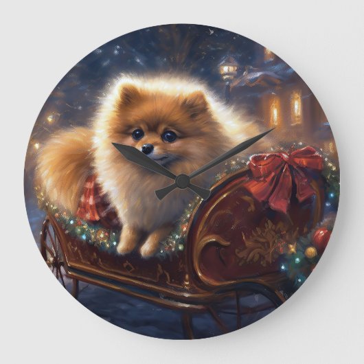 Pomeranian Kerstfeest Geborsteld Grote Klok (Voorkant)