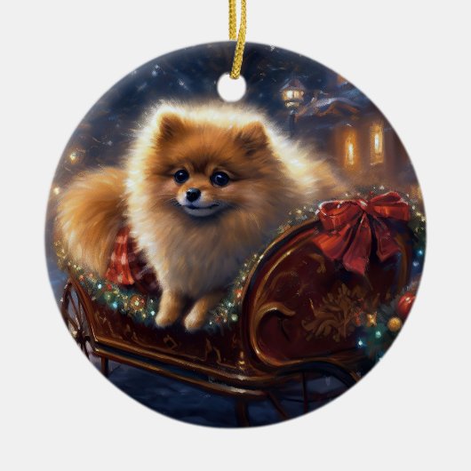 Pomeranian Kerstfeest Geborsteld Keramisch Ornament (Voorkant)