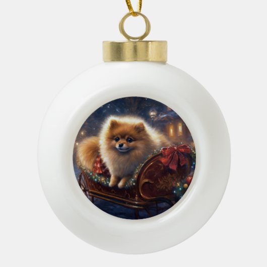 Pomeranian Kerstfeest Geborsteld Keramische Bal Ornament (Voorkant)
