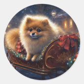 Pomeranian Kerstfeest Geborsteld Ronde Sticker (Voorkant)