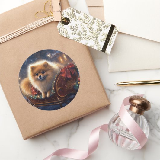 Pomeranian Kerstfeest Geborsteld Ronde Sticker (Geschenken)