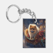 Pomeranian Kerstfeest Geborsteld Sleutelhanger (Voorkant Links)