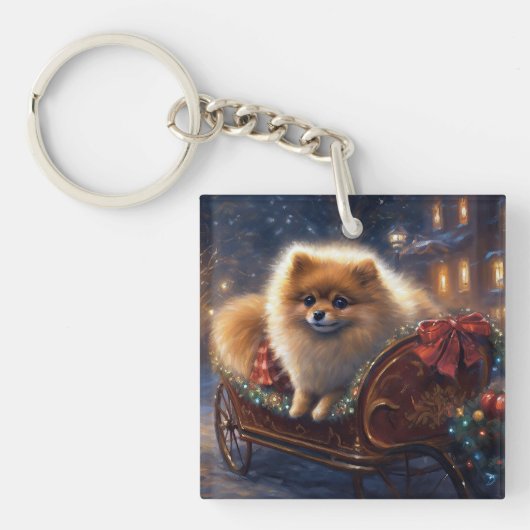 Pomeranian Kerstfeest Geborsteld Sleutelhanger (Voorkant)