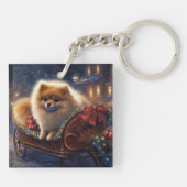Pomeranian Kerstfeest Geborsteld Sleutelhanger (Achterkant)