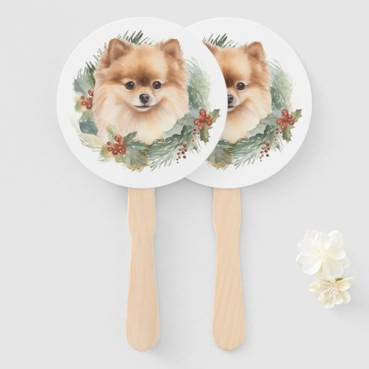 Pomeranian Kerstkrans Feestelijke Pup Handwaaier (Voorkant en achterkant)