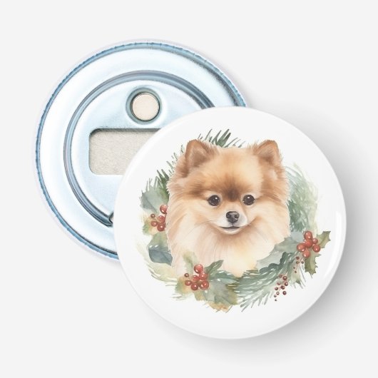 Pomeranian Kerstkrans Festieve Pup Button Flesopener (Voorkant)