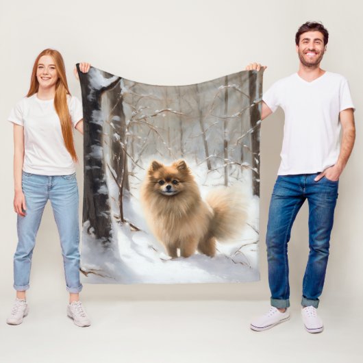 Pomeranian Laat het sneeuwen Kerstmis Fleece Deken (In situ)