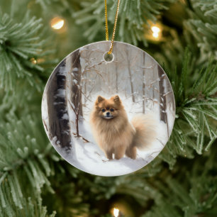 Pomeranian Laat het Sneeuwen Kerstmis Keramisch Ornament