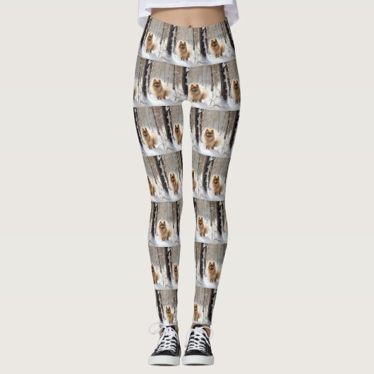 Pomeranian Laat het Sneeuwen Kerstmis Leggings (Voorkant)